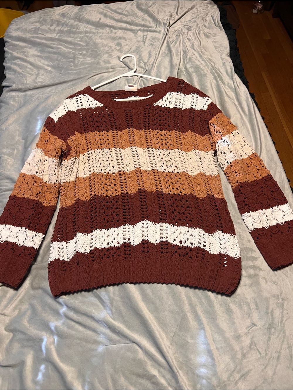 LuLaRoe Open-Knit Striped Crewneck Sweater in Rust, Tan & Cream